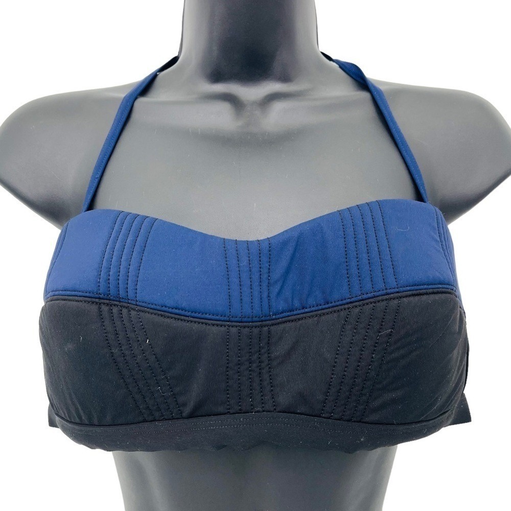 Athleta Bikini Top Womens Large Blue Black Colorblock Pintuck Halter Bandeau